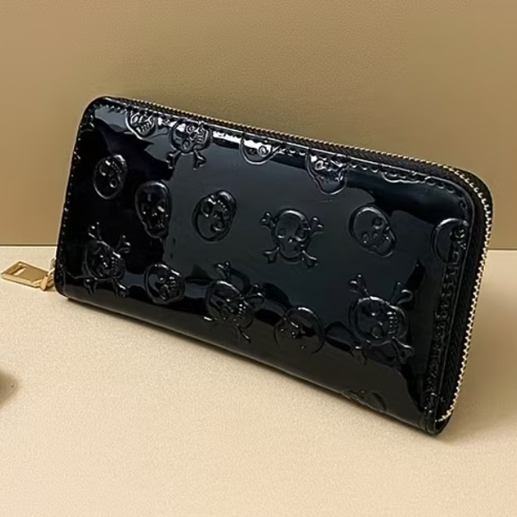 Black Skeleton Embossed Women's Long Wallet Shiny Faux Patent Leather NWT - Picture 3 of 6